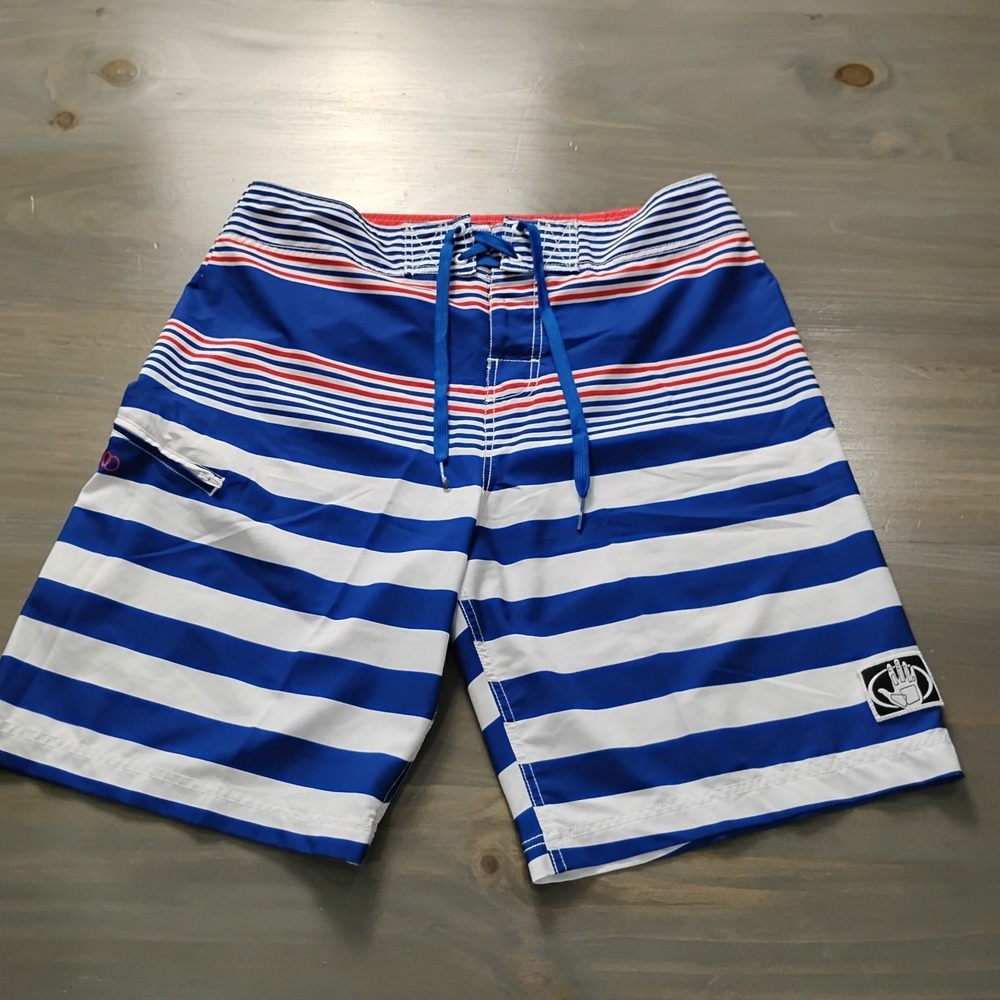 Body Glove Board Shorts Mens 33 Voodoo Stretch Blue Red Stripe Tie Front Swim